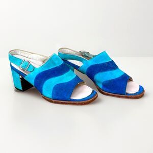 VTG Women’s Size 5 Blue and Teal Suede Slingback Open Toe Block Heel